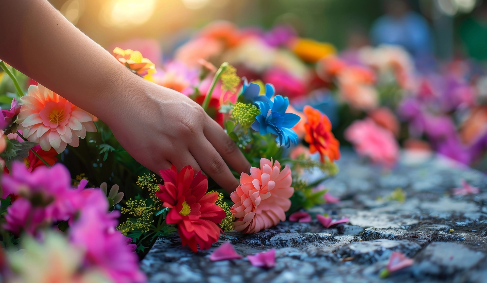 A person puts a bouquet on the grave of a loved one.